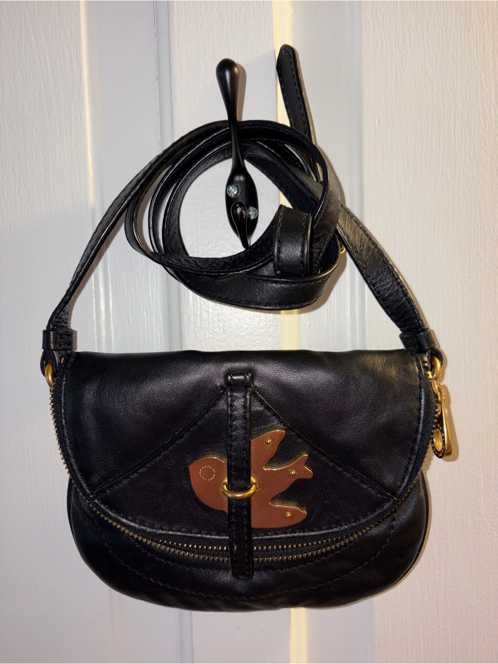 Black Leather Crossbody Bag with Brown Accent - Designer Style